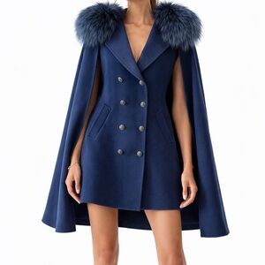 Diomi Double-Breasted Vest w/ Detachable Cape & Fox Fur | Wool Cashmere | S